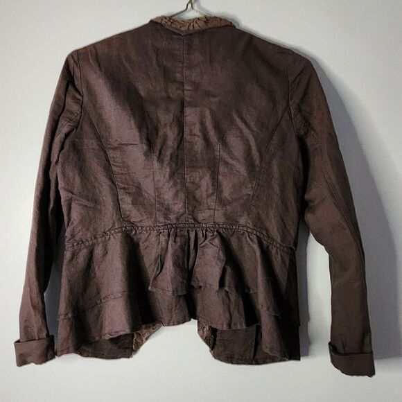 FREE PEOPLE Women’s Brown Lace Lapel Ruffle Linen Blend Peplum Blazer Jacket 4 - Picture 2 of 7